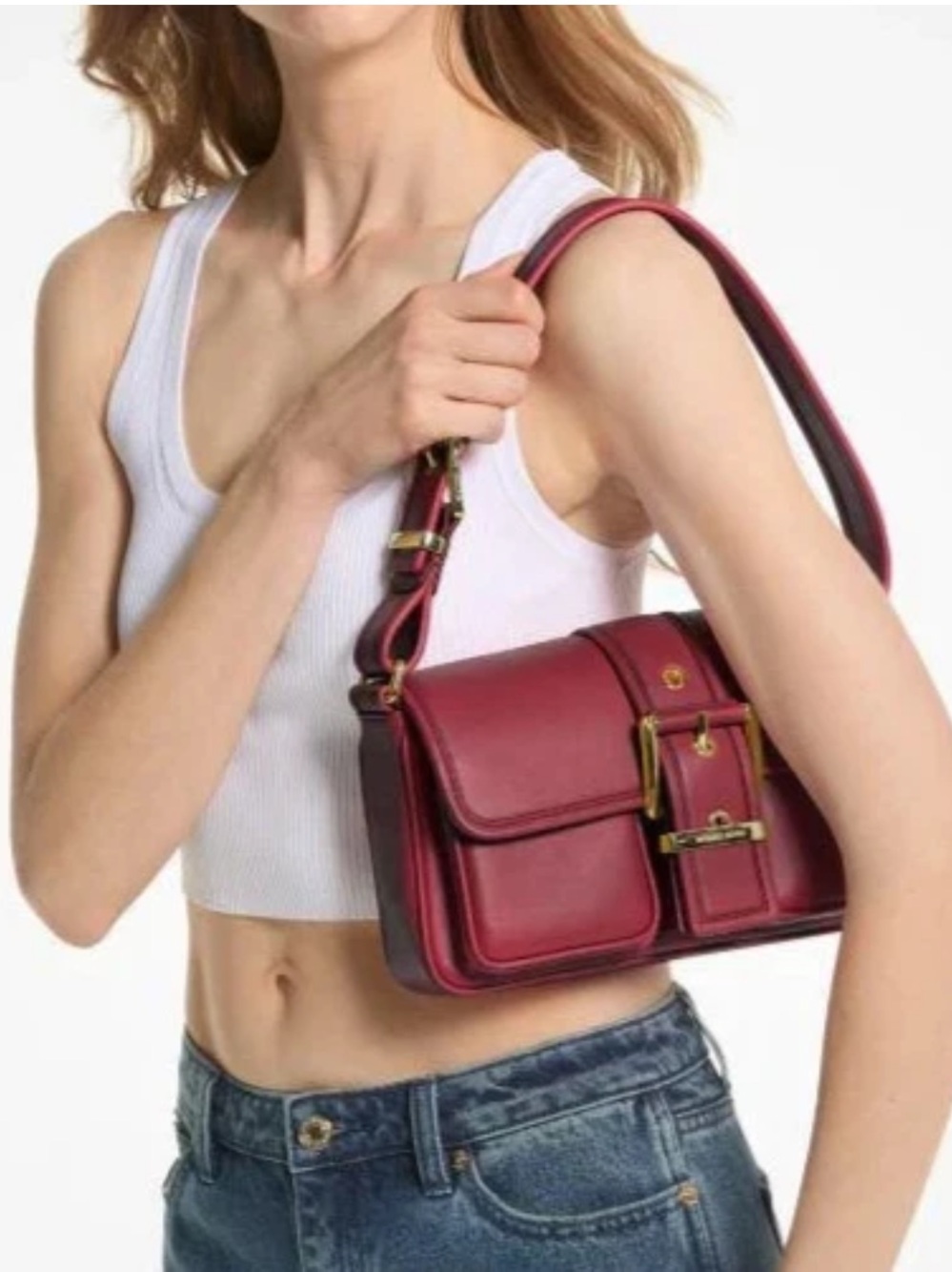 Michael Kors Colby Deep Red Leather Shoulder Bag with Gold Buckle Hardware